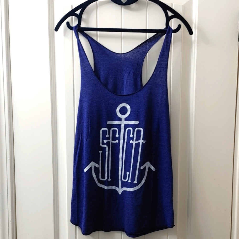 EUC American Apparel navy blue and white SF CA anchor tank top